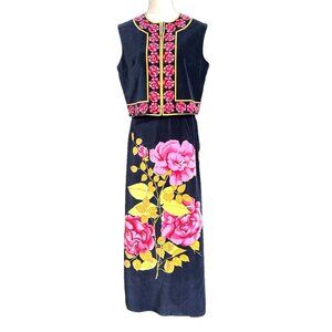 Vintage RARE Mr Dino Top Maxi Long Skirt Slit Set Navy BLUE Amazing Print 14